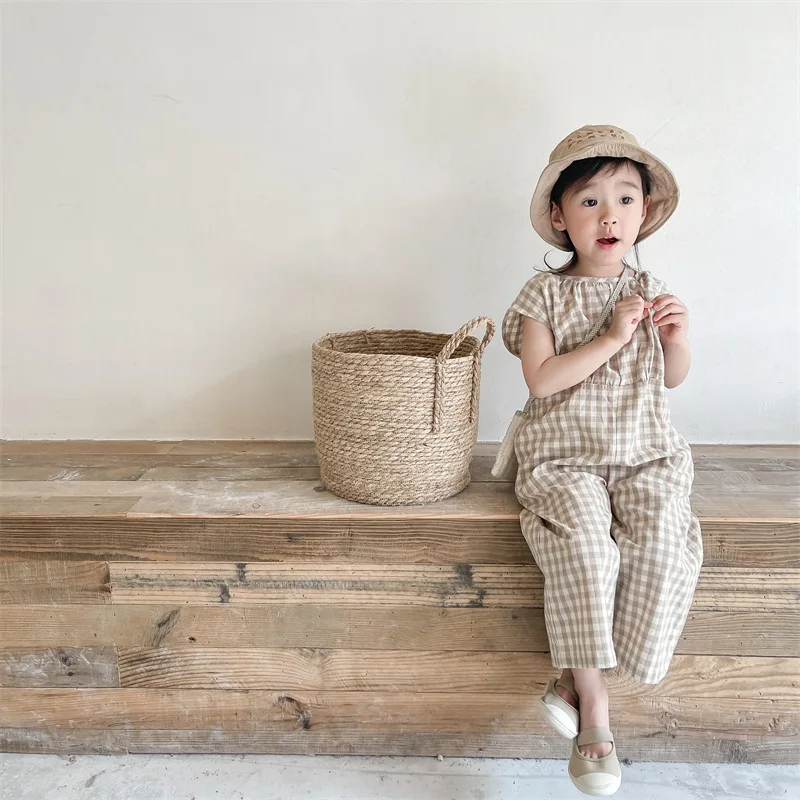 Baby Summer Linen Sleeveless Jumpsuit - طفل الفتيات منقوشة وزرة الاطفال أكمام